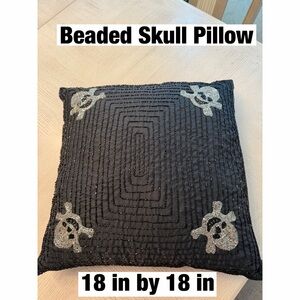 Beaded Skull Pillow - Black with Silver Embellishment